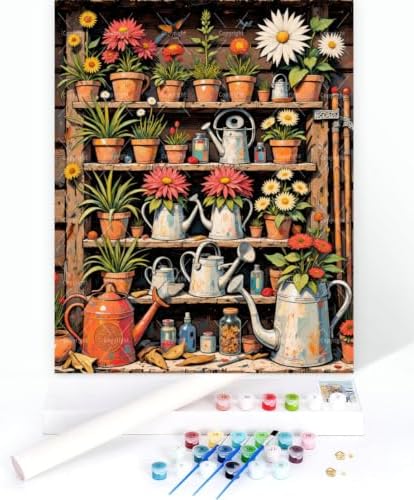 Sceorixa Rustic Flower Shelf Paint by Numbers Kit for Adults – DIY- Garden Pots Painting on Canvas, Acrylic Paint Set, Suitable for Beginners, Art for Home Decoration or Gifts(16X20IN Framed) - Image 3