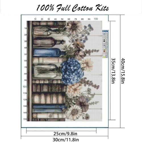 Stamping Cross Stitch Kit Books Flowers, Counting Cross Stitch Kit for Adult Beginners, with Glass Bottles Full Line DIY Cross Stitch Stitching Kit for Home Decor Cross Stitch Patterns 15.7x11.8inches - Image 2