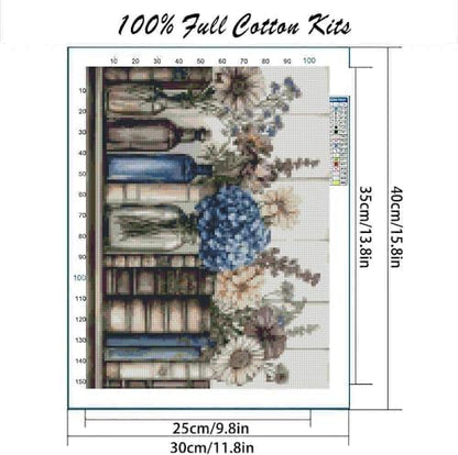 Stamping Cross Stitch Kit Books Flowers, Counting Cross Stitch Kit for Adult Beginners, with Glass Bottles Full Line DIY Cross Stitch Stitching Kit for Home Decor Cross Stitch Patterns 15.7x11.8inches - Image 2