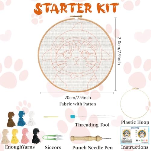 BEUNITONE Shark Cat Punch Needle Kit for Adults Beginners, Complete DIY Craft Needlepoint Kits with Hoop, Punch Needle Starter Craft Embroidery Set for Handmade Decor & Stitching Projects 7.9X7.9" - Image 2