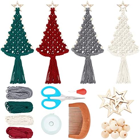 FREEBLOSS 4 Set Christmas Tree Macrame DIY Kit for Beginners Christmas Tree Hanging Ornaments for Holiday Wall Hanging, Come with Step by Step Tutorial by FreeandCreativeCraftsArt