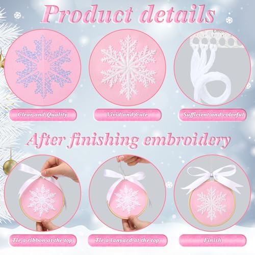 Roowest 6 Sets Christmas Embroidery Kits Snowflake Ornament DIY,Pink - Image 4