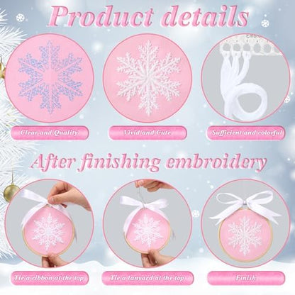 Roowest 6 Sets Christmas Embroidery Kits Snowflake Ornament DIY,Pink - Image 4