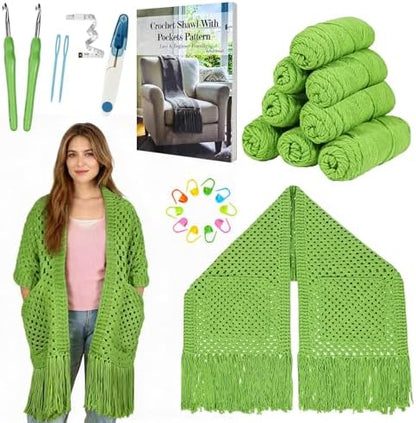 Arborthread Crochet Kit for Beginners, Easy All-Season Pocket Shawl Green by Arborthread