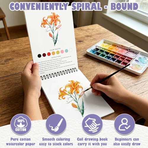 Watercolor Workbook, Water Coloring Book with 13 Pages, Flower Theme Painting Practice Book with Pre-Drawn Outline Pages, Floral Coloring Book for Adults, Beginners & Art Lovers - Image 3