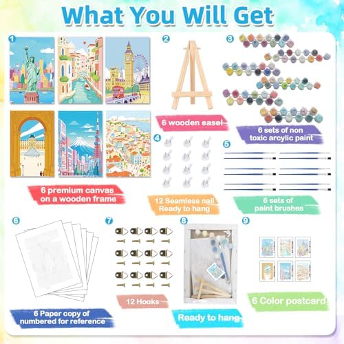 EggSun 6 Pack Framed Paint by Numbers Kit for Adults,Beginners with Wooden Easel,DIY Acrylic Oil Painting Paint by Numbers Kits on Canvas for Home Decor(Scenery-Cityscape,8x12Inch) - Image 5