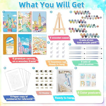 EggSun 6 Pack Framed Paint by Numbers Kit for Adults,Beginners with Wooden Easel,DIY Acrylic Oil Painting Paint by Numbers Kits on Canvas for Home Decor(Scenery-Cityscape,8x12Inch) - Image 5