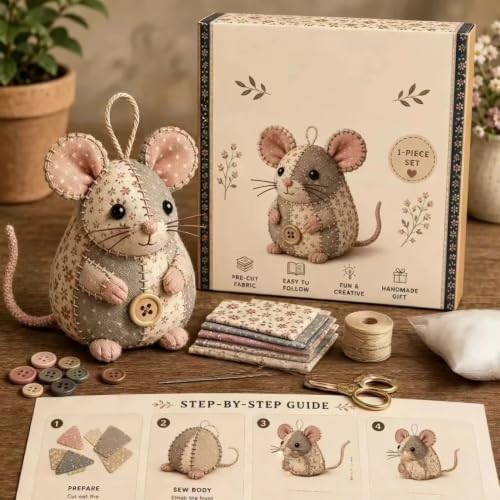 Sewing Kit for Beginners Patchwork Mouse, DIY Stuffed Animal Craft Kit with Pre-Cut Fabric, Make Your Own 3D Plush Mouse Ornament, Easy Adult Sewing Project Handmade Gift(Set C) - Image 3