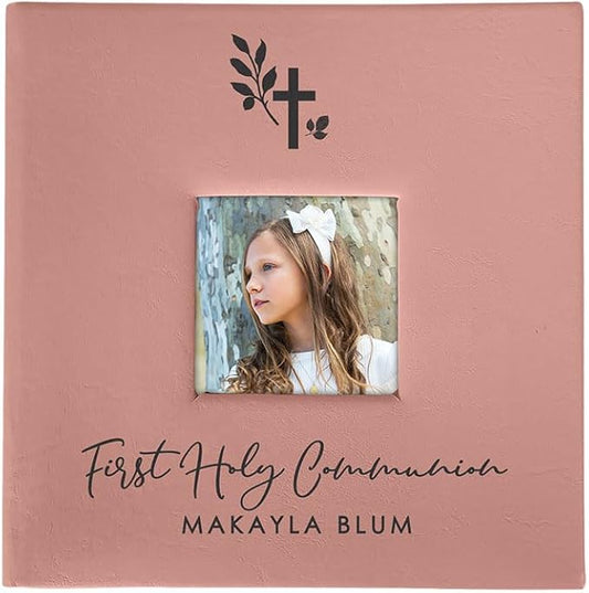 Personalized Photo Album, Engraved Religious Cross Leatherette Photo Album, Holds 200 4" x 6" Photos, Baptism Picture Album, First Holy Communion Keepsake, Confirmation Gift