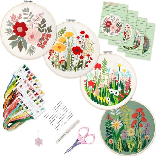 Bonroy Embroidery Kit for Beginners with Instructions,Cross Stitch Kits for Adults with Pattern,Needlepoint Kits for Adult Include Embroidery Cloth Hoops Needles Threads (flowers5) by Bonroy