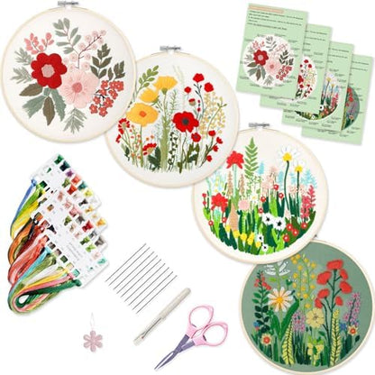 Bonroy Embroidery Kit for Beginners with Instructions,Cross Stitch Kits for Adults with Pattern,Needlepoint Kits for Adult Include Embroidery Cloth Hoops Needles Threads (flowers5) by Bonroy