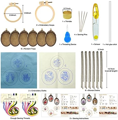 ZOCONE 6 Packs Embroidery Necklace Kit, Embroidery Pendant Kit Mini Cross Stitch Kit with 4 Hoops, Necklace, Pendant, Stamped Pattern Cloth, Instructions, etc., Embroidery Kit for Adults - Image 3