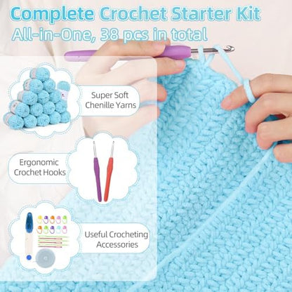 Aeelike Crochet Blanket Kit for Beginners, Easy Soft Crochet Kit, Blue - Image 6
