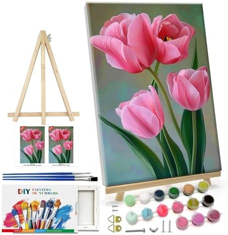 ATDMS Paint by Numbers Kit for Adults with Frame Flowers Paint by Number with Easel DIY Tulip Adult Paint by Number Kits Oil Painting Kits for Gift Home Wall Decor 8x12 Inch by ATDMSDIY