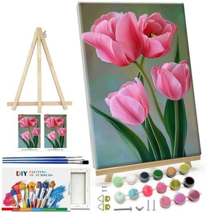 ATDMS Paint by Numbers Kit for Adults with Frame Flowers Paint by Number with Easel DIY Tulip Adult Paint by Number Kits Oil Painting Kits for Gift Home Wall Decor 8x12 Inch by ATDMSDIY