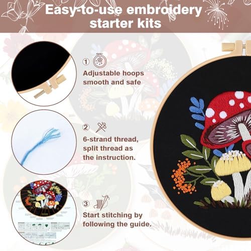 RidaaFri Embroidery Kit for Beginners, 3 Pk Stamped Mushroom DIY Craft - Image 6