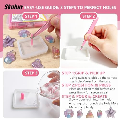31 PCS Resin Hole Maker (1.5/2/3/4/6/8mm)) with Tweezers - Drill-Free Silicone Tools for Epoxy/UV Resin Jewelry, Keychain, Pet Tags 6 Sizes w/Suction Base Beginner-Friendly DIY Craft Kit （Pink） - Image 5