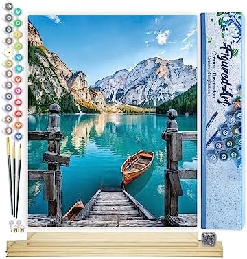 Figured'Art Paint by Numbers Kit for Adults Boat on The Mountain Lake 16"x20" - Craft Art Painting Rolled Canvas with DIY Wooden Frame by FiguredArt