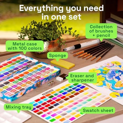 ARTISTRO Watercolor Paint Set with Palette & Brush Pens - 100 Colors - Image 2