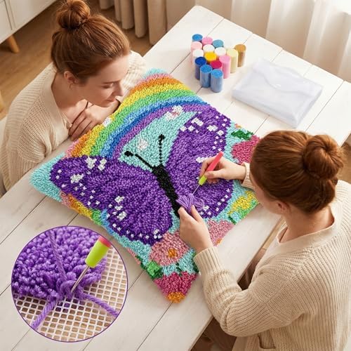 DIY Latch Hook Kit,17''x17'' Butterfly Rainbow Throw Pillow Case Craft Set Handmade Gift for Adults Beginners,Complete Pre-Printed Latch Hook Rug Kits Cross Stitch Pillow Cover for Home Sofa Decor - Image 4