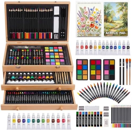 175-Pack Deluxe Wooden Art Set Drawing Painting Kit with 2 Drawing Pads, Acrylic Paints, Colored Pencils, Crayons, Paint Brush, Art Kit in Wooden Case, Gift for Artist, Adults, Teens and Kids by TMOLARTSUPPLIES