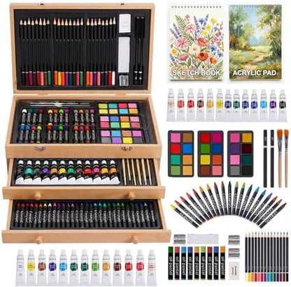 175-Pack Deluxe Wooden Art Set Drawing Painting Kit with 2 Drawing Pads, Acrylic Paints, Colored Pencils, Crayons, Paint Brush, Art Kit in Wooden Case, Gift for Artist, Adults, Teens and Kids by TMOLARTSUPPLIES