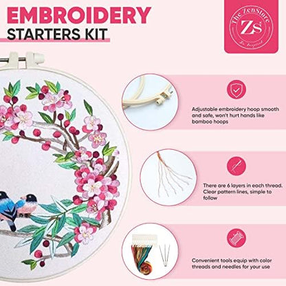The ZenStore Birds & Flowers Embroidery Kit for Adults – Beginner DIY Hand Embroidery Set with Hoop, Stamped Fabric, Thread & Needles – Floral and Plant Pattern Sewing Craft Kit for Women & Teens - Image 4