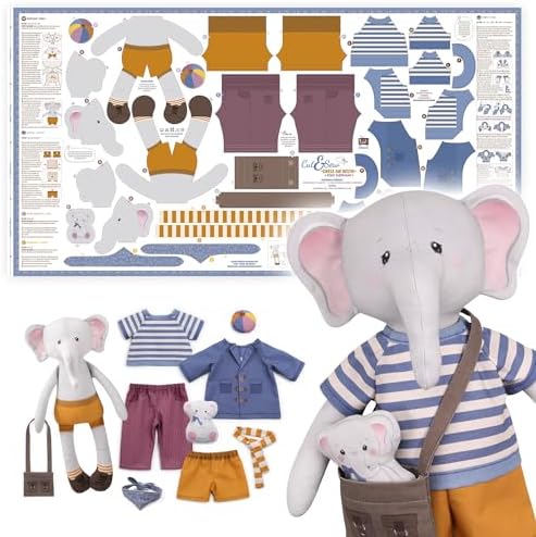 kullaloo Cut & Sew Fabric Panel – Elephant Doll Sewing Kit for Teens & Adults ✦ Intermediate DIY Plush Project with Clothes ✦ Dress Me Bestie Eddy by kullaloo