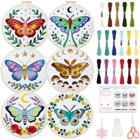 BEUNITONE 6 Set Moth Embroidery Kit for Adults Beginners, DIY Needlepoint Craft Kits with Instructions and Hoops, Complete Starter Set for Adults, Handmade Embroidery for Gifts and Home Decor 20x20cm by BEUNITONE