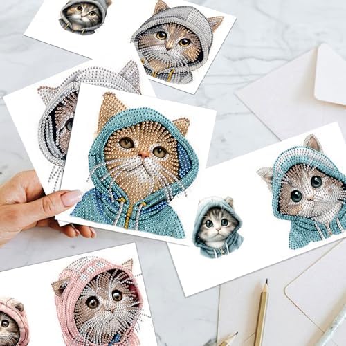 Tontut 6pcs Diamond Painting Kit Greeting Card, Hat Cat 5D DIY Diamond Handmade Holiday Greeting Card with Envelope, Christmas Gift Congratulation - Image 7