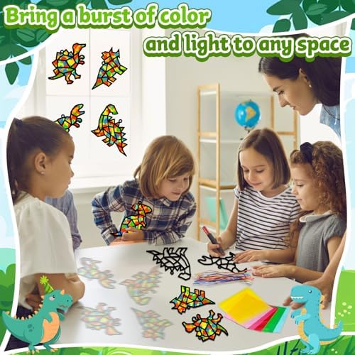 Lonfliness 32Sets Dinosaur Suncatchers Crafts Kit DIY Dino Window Stained Glass Effect Paper Dinosaur Animal Home School Classroom Decoration Art Craft Creative Activity Project Kid Gift Favor - Image 6