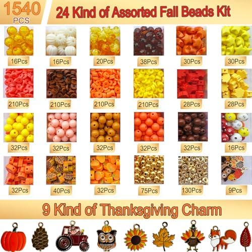 XBYzuzi 1540Pcs Fall Beads for Bracelets Making Kit, Thanksgiving Beads for Bracelets Jewelry Making Orange Assorted Autumn Maple Leaf Pumpkin Clay Bead Turkey Charms for Necklace Earrings DIY Crafts - Image 4