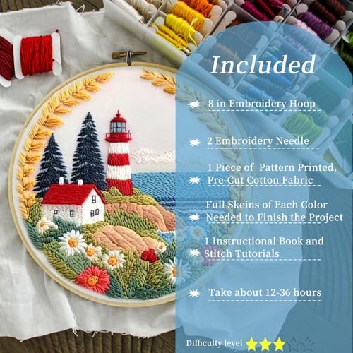 FONNUY Embroidery Kit for Beginners, Lighthouse Landscape Flowers Pre-Stamped Pattern Kits for Adults with Hoop, Easy to Follow Color Thread Needlework, 8'' Hoop (Daisy) - Image 2