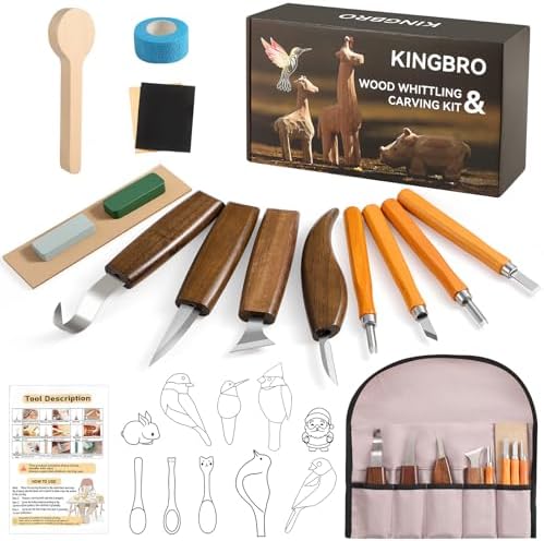 KINGBRO 20 PCS Wood Carving Kit for Beginners, Whittling Kit for Beginner and Kids, Wood Carving Tools with Safety Protection. 8 pcs Whittling Knife Wood Carving Set with 2 pcs Custom Sticker by KINGBRO
