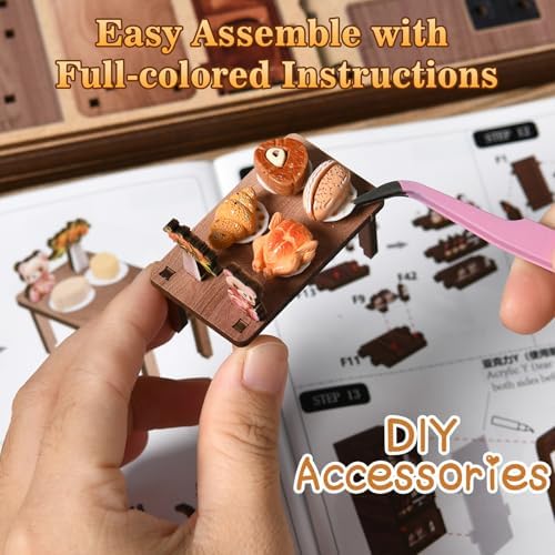 Book Nook Kit for Adults, DIY Miniature House Kits, Bear Restaurant 3D Wooden Dollhouse with Sensor LED Light, DIY Building House Bookend Model Craft, Home Bookshelf Decor Birthday Gift - Image 6