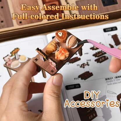 Book Nook Kit for Adults, DIY Miniature House Kits, Bear Restaurant 3D Wooden Dollhouse with Sensor LED Light, DIY Building House Bookend Model Craft, Home Bookshelf Decor Birthday Gift - Image 6
