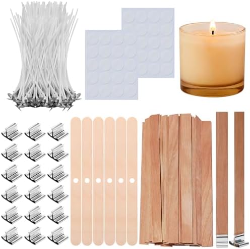205 Pcs Candle Wicks Kit - 50 Wooden Wicks with Iron Stands, 100 Cotton Wicks & 100 Wick Stickers, Naturally Smokeless Cores for DIY Candle Making by Unknown