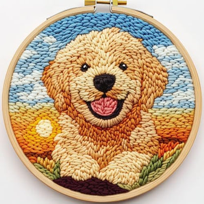 DIY Punch Needle Kits Cute Puppy Golden Retriever Dog with Hoop 20x20cm-2 by Unknown