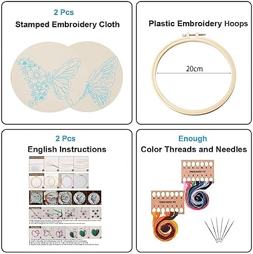 Konrisa Embroidery Kits with Butterfly Flower Pattern, Stamped Embroidery Starter Kit for Beginners Adults Needlepoint Kits Include Embroidery Fabric Embroidery Hoop Threads and Needles,Set of 2 - Image 2
