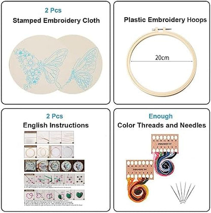 Konrisa Embroidery Kits with Butterfly Flower Pattern, Stamped Embroidery Starter Kit for Beginners Adults Needlepoint Kits Include Embroidery Fabric Embroidery Hoop Threads and Needles,Set of 2 - Image 2