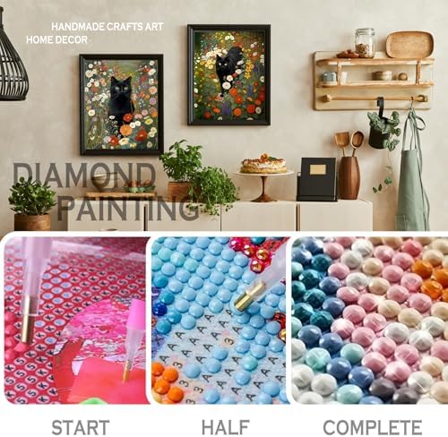 sdfkmlcdl Vintage Moody Black Cat Diamond Art Kits for Adults, Dark Cottagecore Flower Black Cat Full Drill Diamond Painting Kits for Adults Beginners 4 Pack, 9.8x11.8 Inch - Image 4