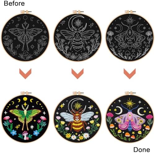 Nuberlic 3 Pack Embroidery Kit for Beginners, Moth and Bee Patterns - Image 6