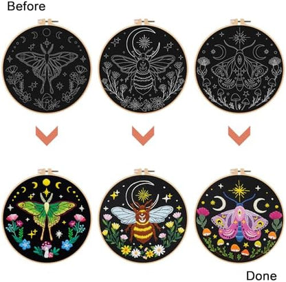 Nuberlic 3 Pack Embroidery Kit for Beginners, Moth and Bee Patterns - Image 6