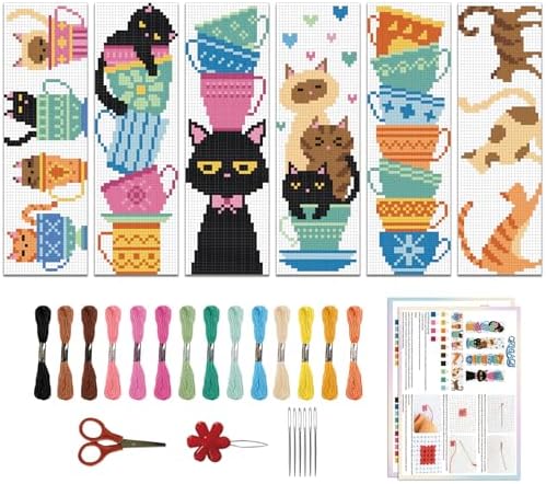 ORIGACH 6 Set Cat Teacup Cross Stitch Bookmark Kit for Beginner by ORIGACH