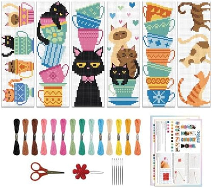 ORIGACH 6 Set Cat Teacup Cross Stitch Bookmark Kit for Beginner by ORIGACH