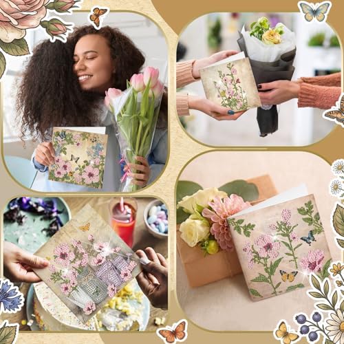 Saillong 12 Pack Vintage Floral Diamond Painting Greeting Card Kits Retro French Flower Diamond Art Cards with Envelopes Pink Flowers 5D Rhinestones Painting Kit for Adult DIY Craft Family Friend Gift - Image 5