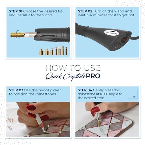 Quick Crystals Pro Hotfix Applicator, Bedazzler Kit with Rhinestones, DIY Wand Setter Tool Kit with 7 Different Tip Sizes, Tweezers, Cleaning Brush, User Manual, and 4400 Rhinestones - Clear & Black… - Image 5