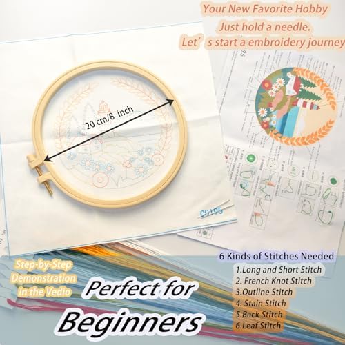 FONNUY Embroidery Kit for Beginners, Lighthouse Landscape Flowers Pre-Stamped Pattern Kits for Adults with Hoop, Easy to Follow Color Thread Needlework, 8'' Hoop (Daisy) - Image 5