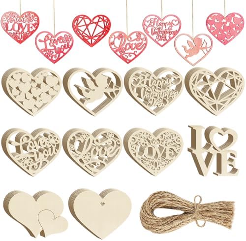 80PCS Wooden Heart Ornaments to Paint Valentine's Day Craft,10 Styles DIY Blank Unfinished Wood Heart Cutouts Ornament for Crafts Spring Tree Hanging Decorations Love by Sophena