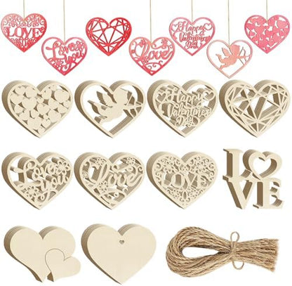 80PCS Wooden Heart Ornaments to Paint Valentine's Day Craft,10 Styles DIY Blank Unfinished Wood Heart Cutouts Ornament for Crafts Spring Tree Hanging Decorations Love by Sophena